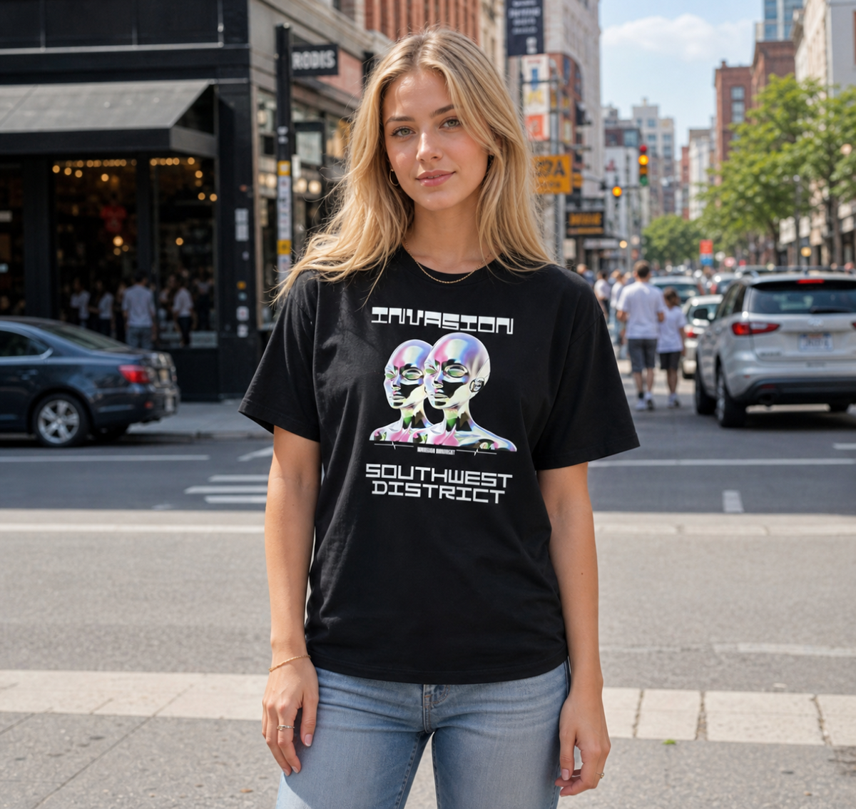 Invasion T-Shirt – Futuristisches Sci-Fi Design | Southwest District | Unisex Schwarz