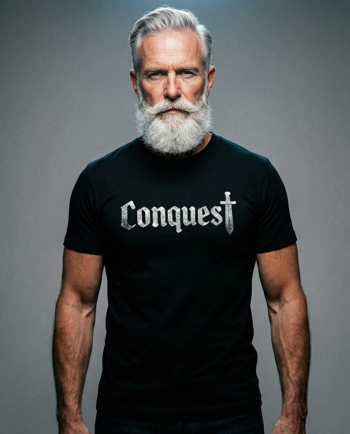 Schwarzes Conquest T-Shirt – silberner Glitzer Effekt