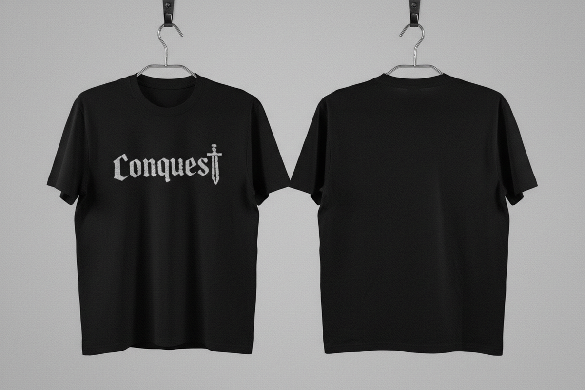 Schwarzes Conquest T-Shirt – silberner Glitzer Effekt