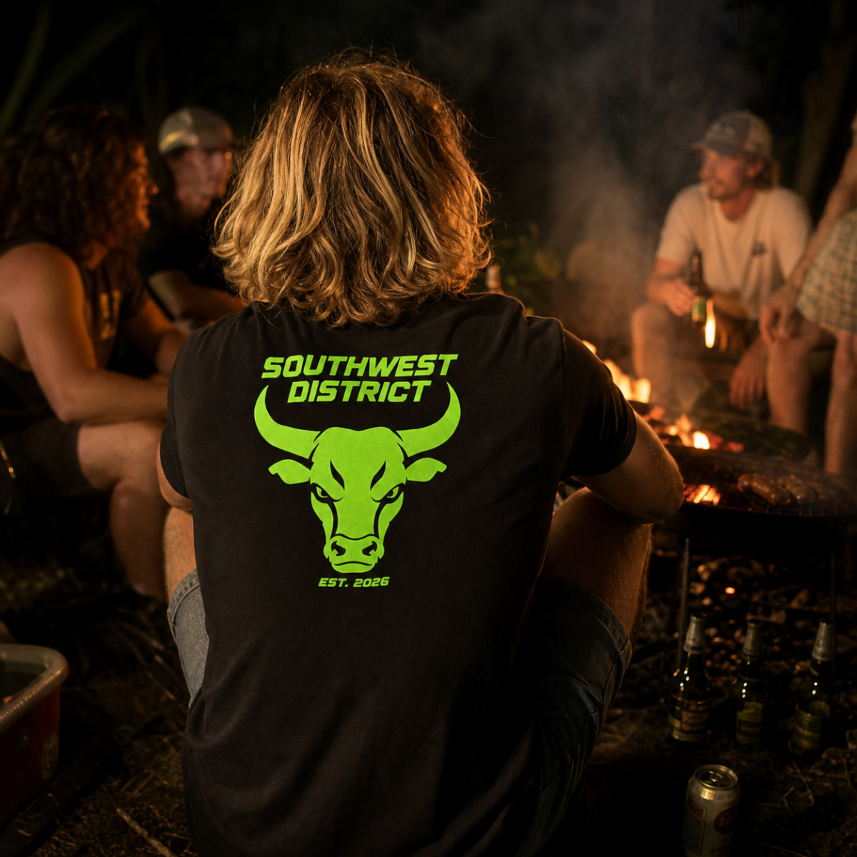 Neon Bull T-Shirt – Neongrüner Rückenprint | Southwest District | Unisex Schwarz