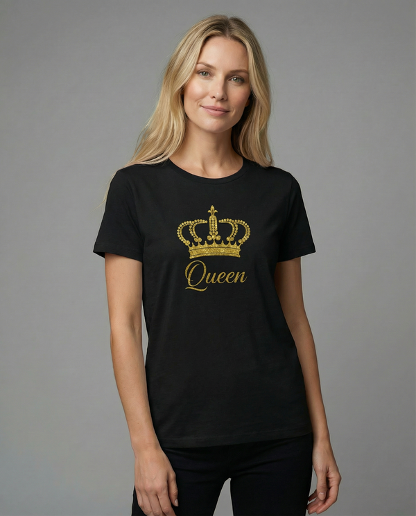 T-Shirt mit goldenem Glitzer-Kronen-Design „Queen“ – stylischer Statement-Look